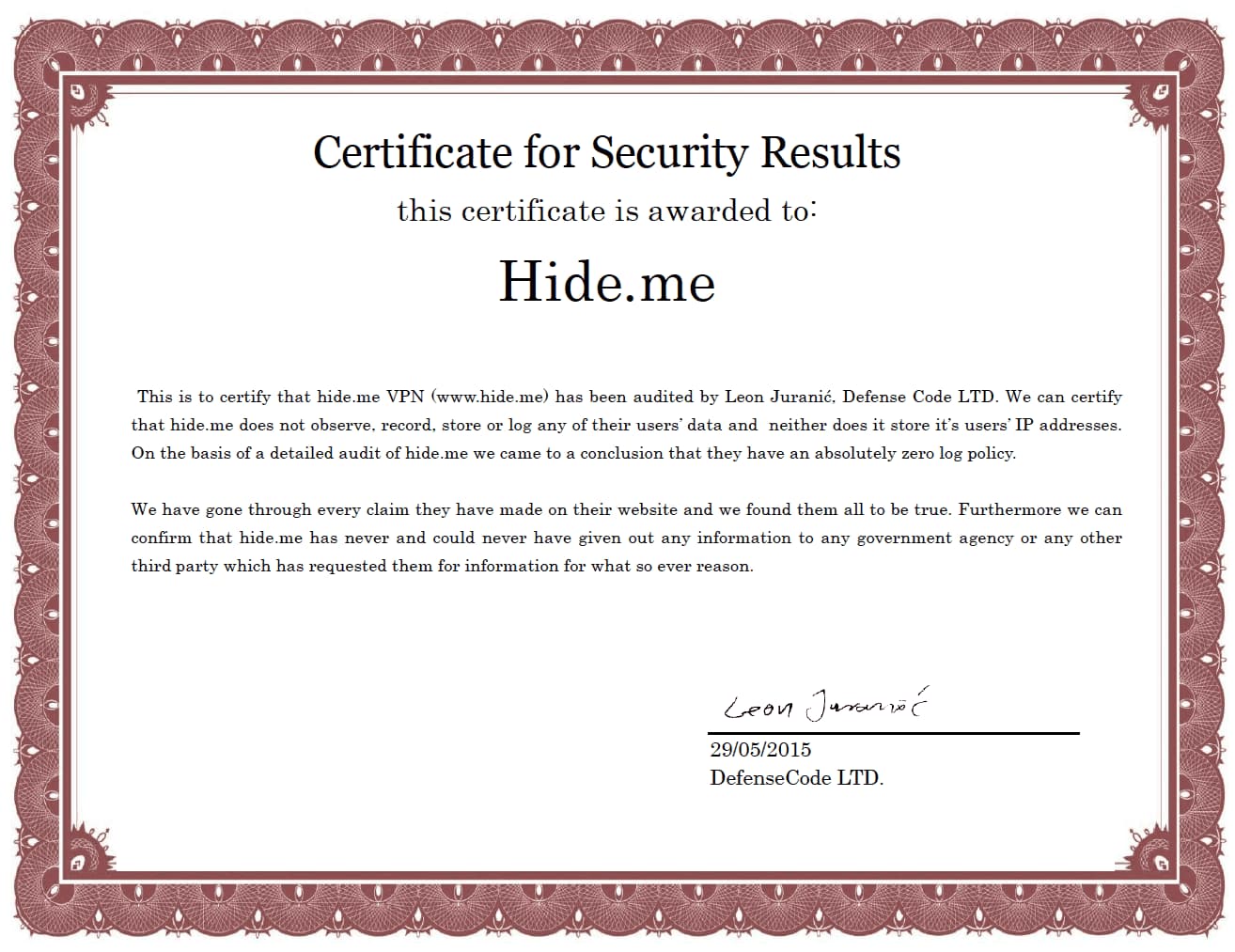 Certificate awarded to Hide.me