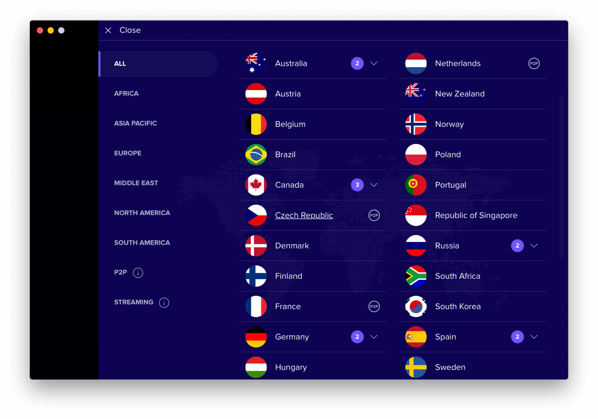Avast VPN’s server list