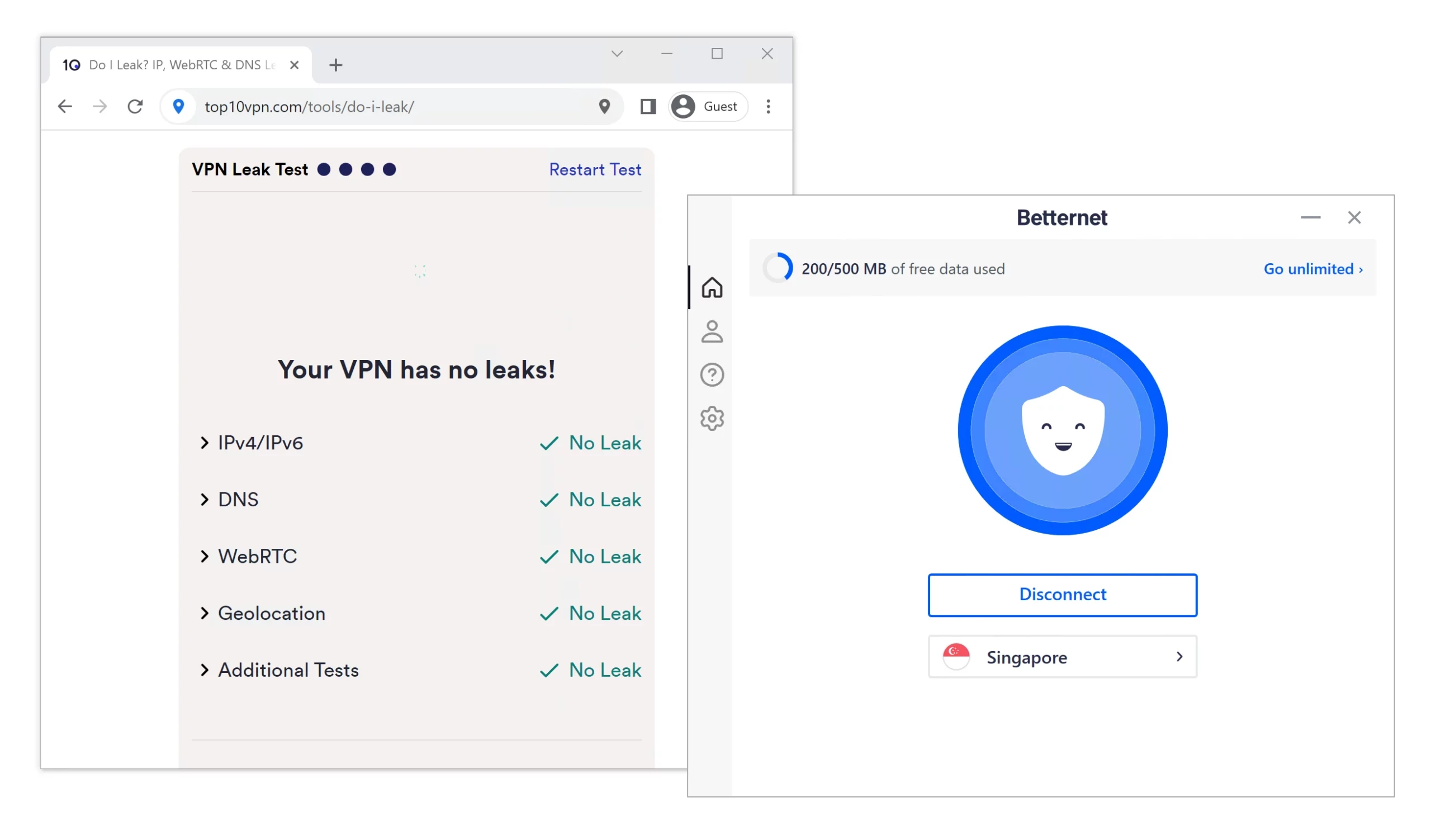 Betternet passed all tests on our proprietary VPN leak test tool
