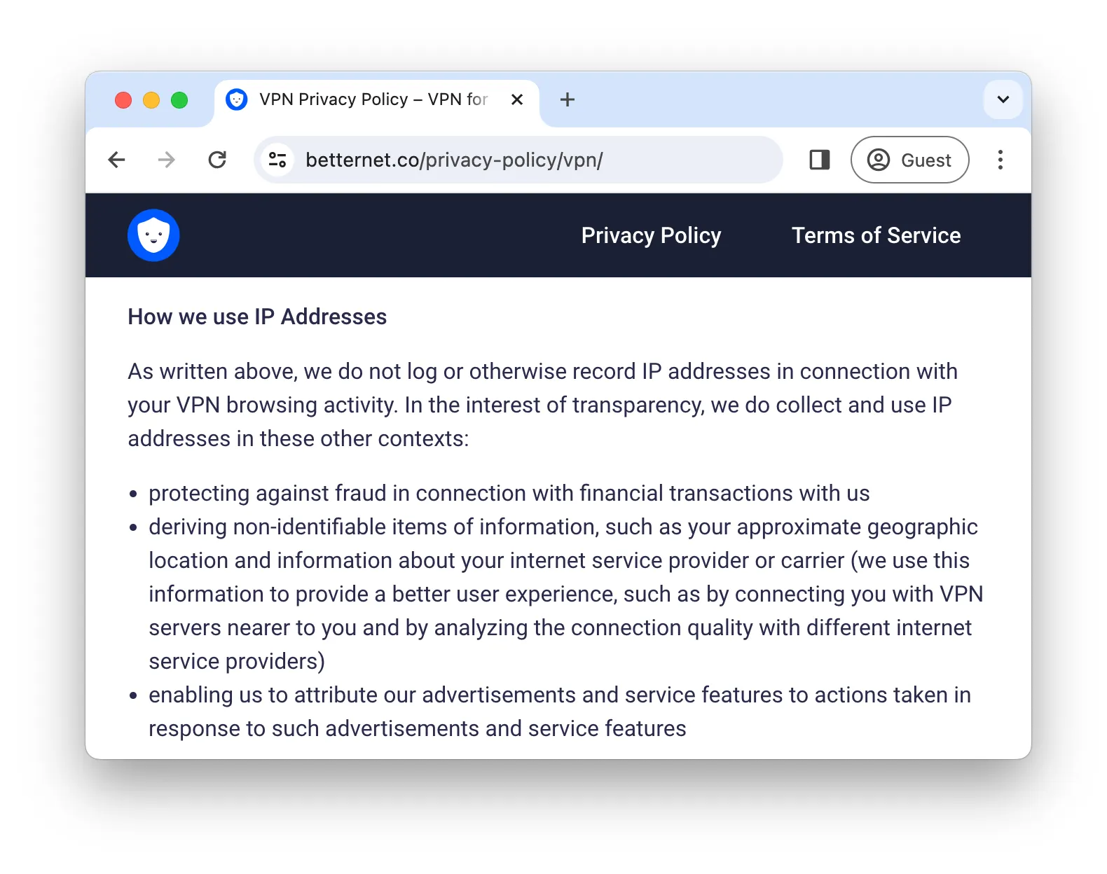 Betternet's full privacy policy