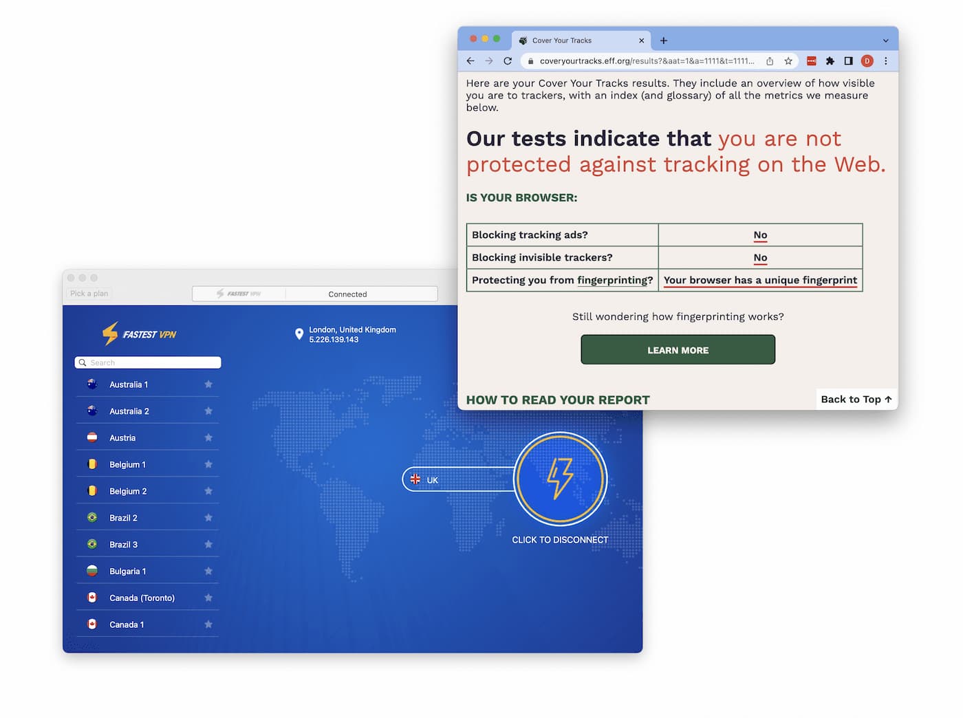 FastestVPN was disappointing at blocking both ads and trackers