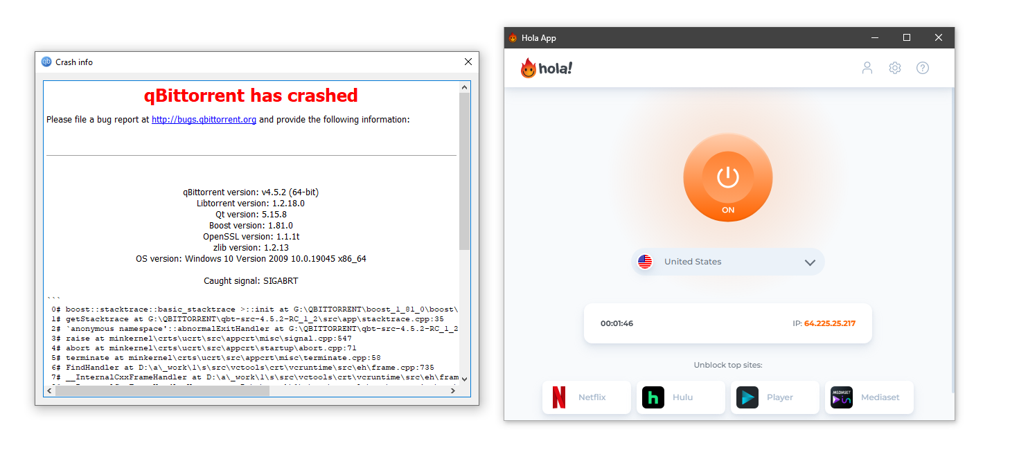 Hola VPN crashed our qBittorrent client immediately