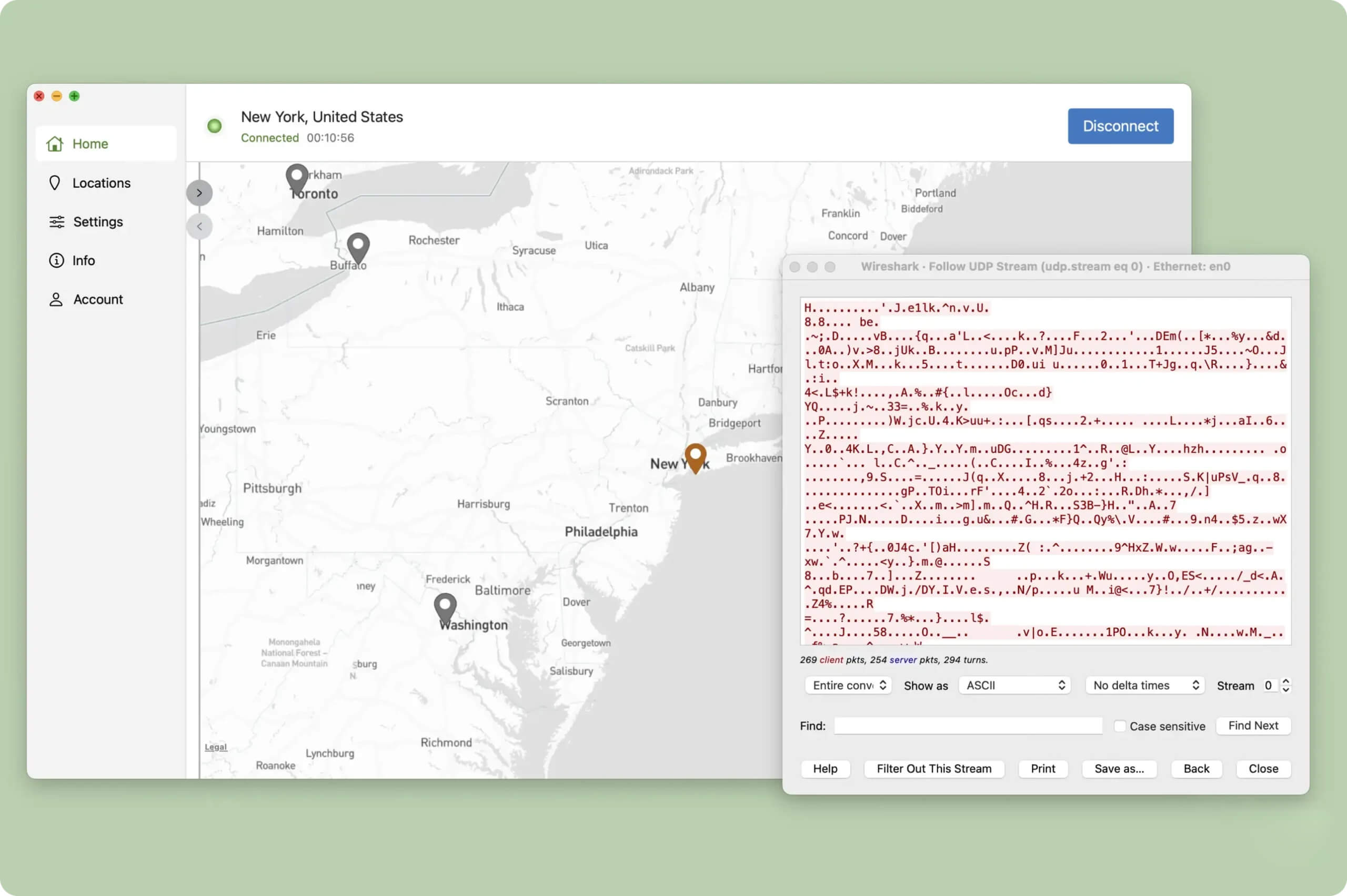 The VPN’s encryption completely concealed our network traffic