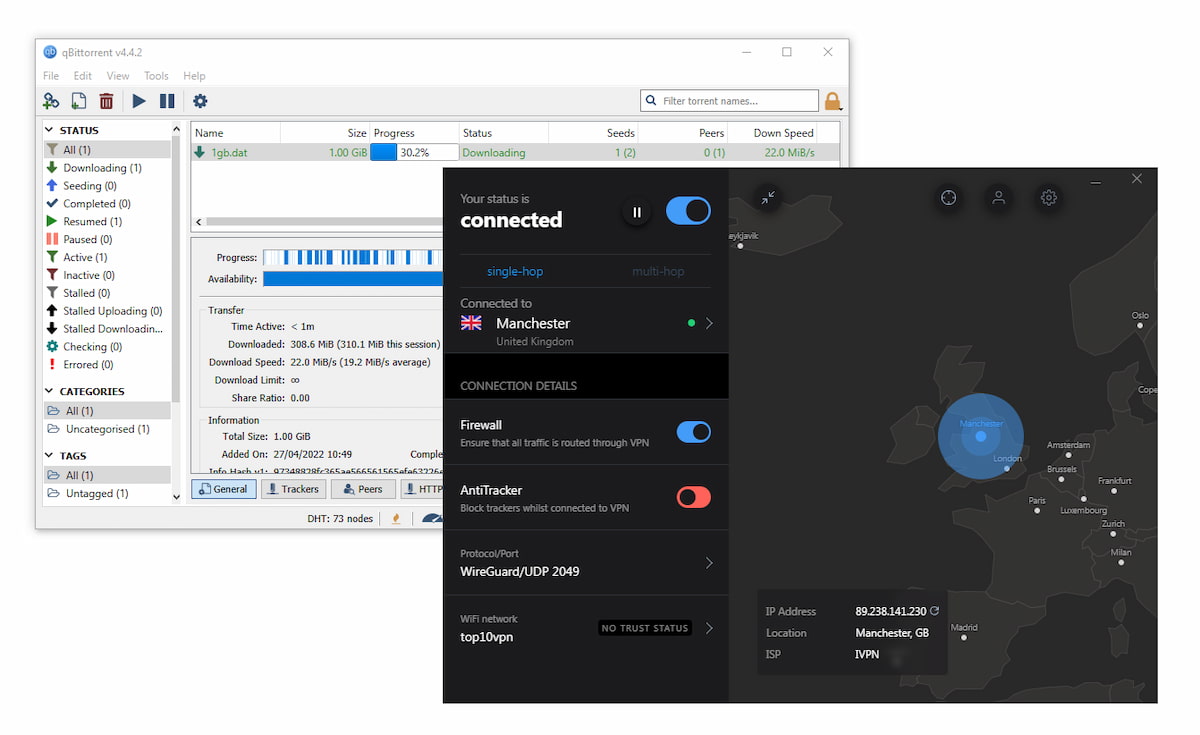 download a torrent file very quickly using IVPN on a UK server