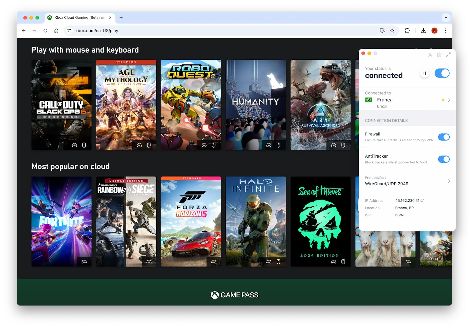 IVPN has servers in countries with easier gaming lobbies