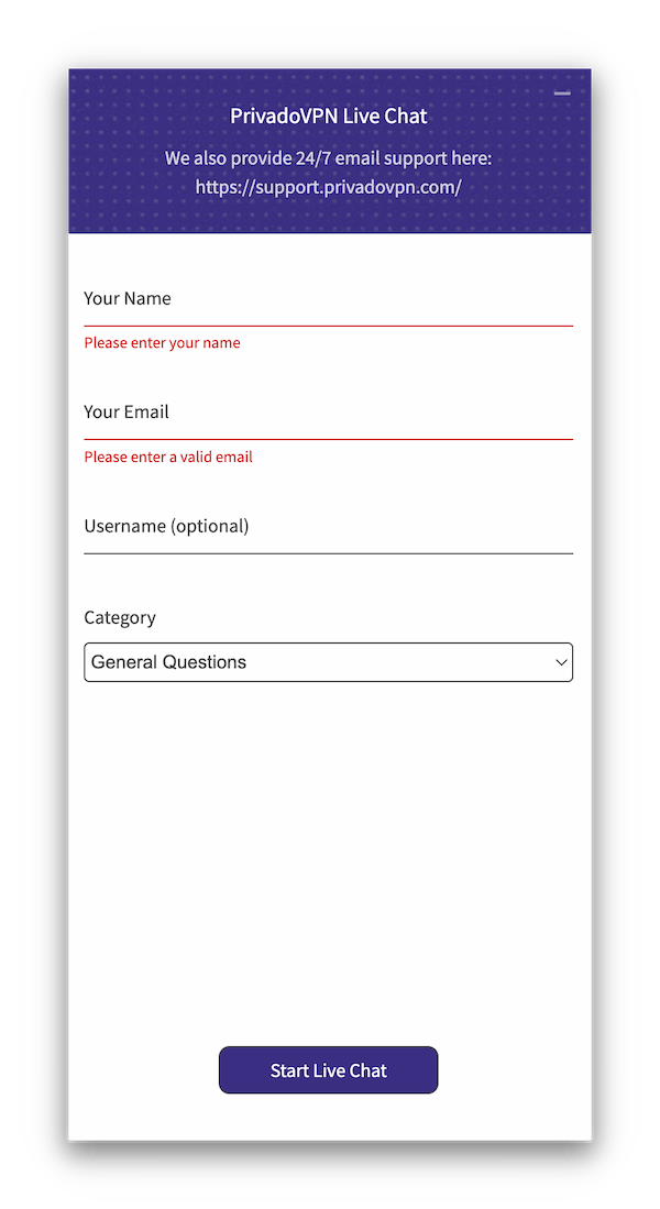 PrivadoVPN live chat 