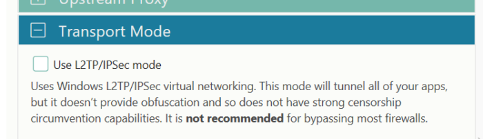 Psiphon’s VPN/Transport Mode in settings