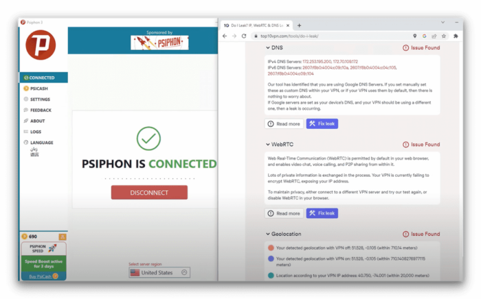 Psiphon also leaked DNS requests and more in proxy mode