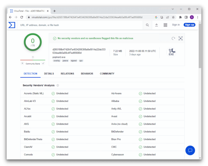 Virustotal found no anomalous software in the Psiphon App