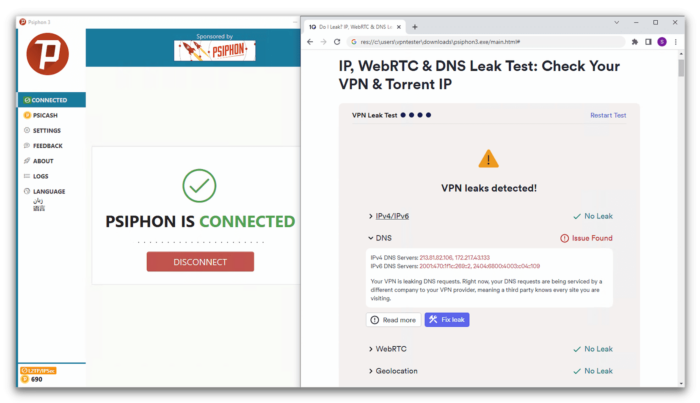 Psiphon VPN leaked DNS requests