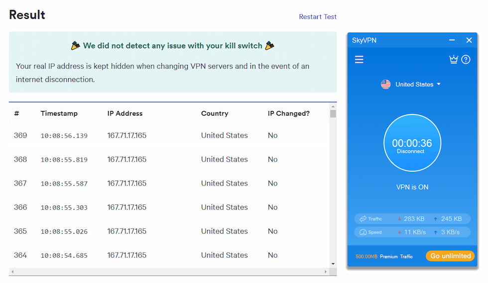SkyVPN successfully prevented IP address leaks