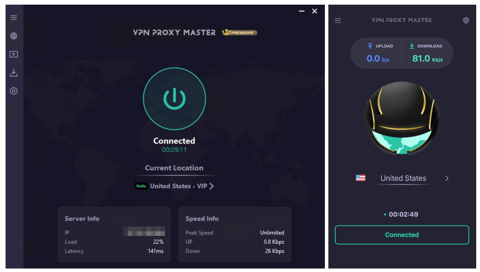 VPN Proxy Master on Windows (left) and macOS (right) 